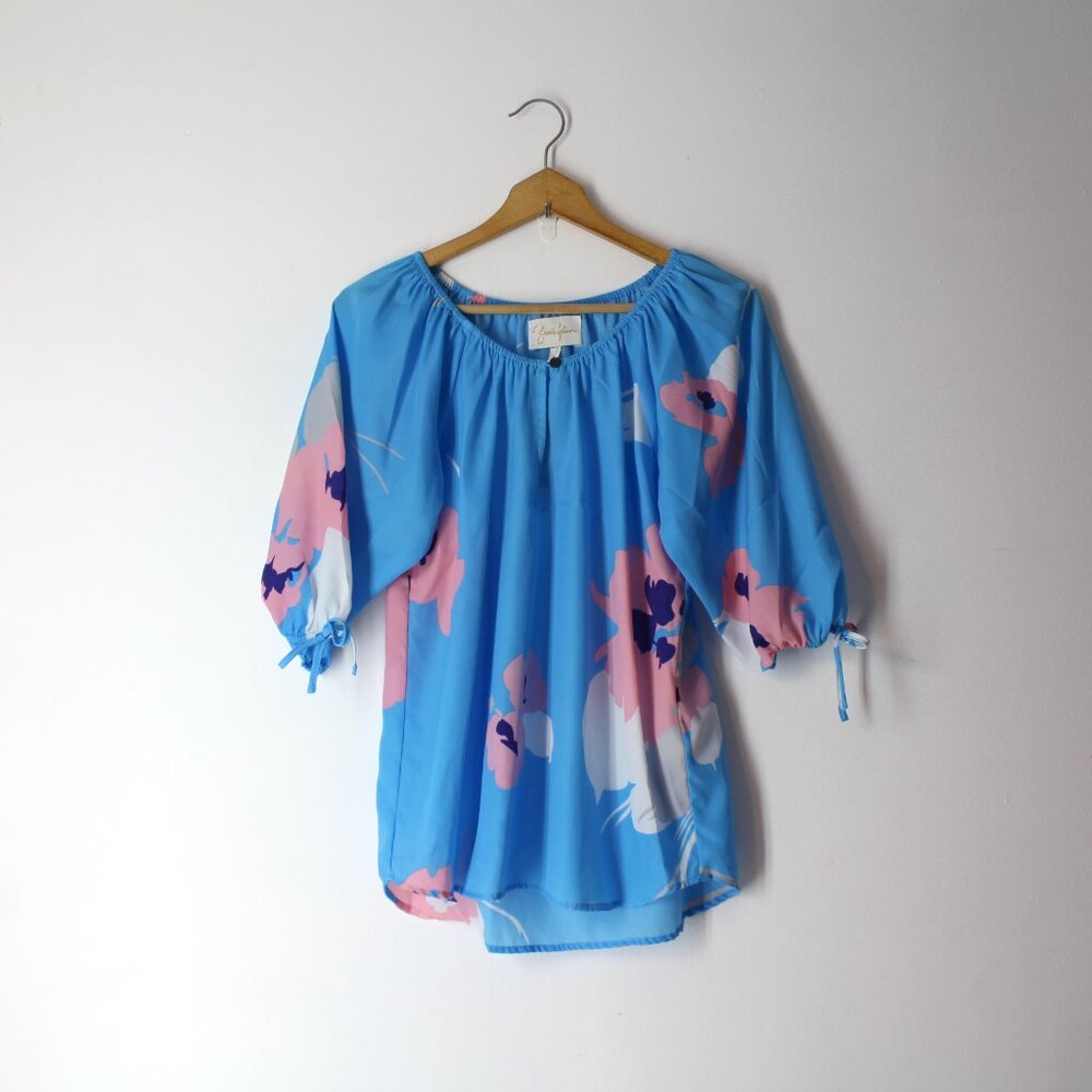 Yumi Kim blue pink floral tie sleeves peasant blouse top womens size S